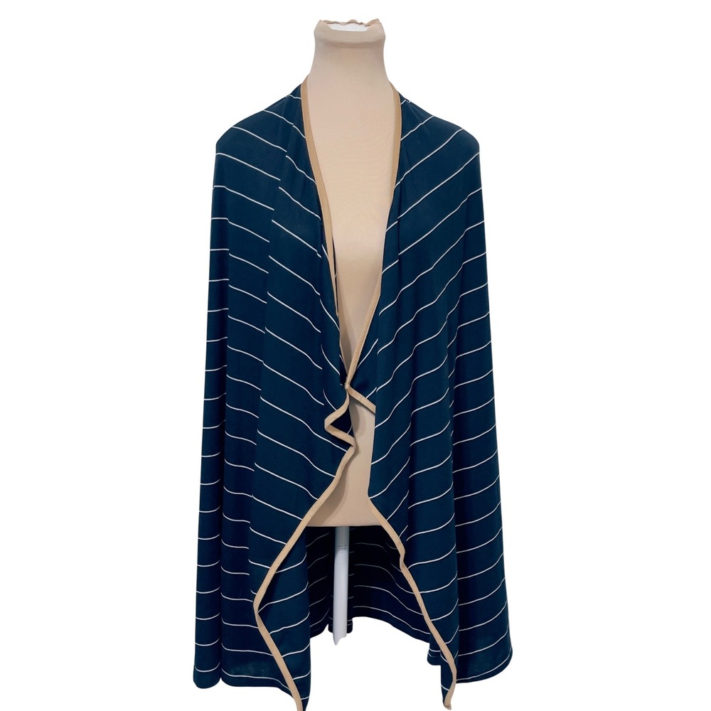 Veveret  Cardigan L Blue Striped Open Front Draped Lightweight Stretch Preppy